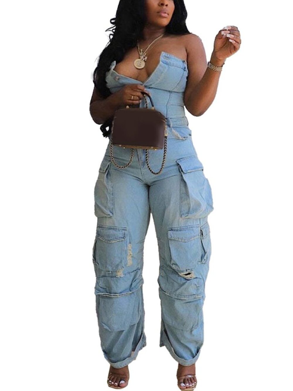 Women's Cargo Denim Jumpsuit Strapless Tube Jean Romper Overalls